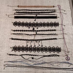 16 piece lot of lace, fabric, cord chokers necklaces goth emo dark